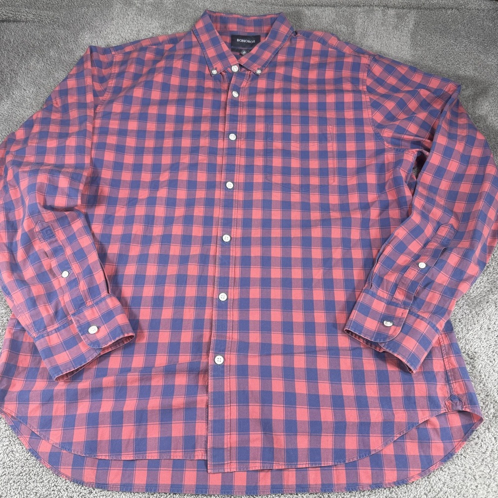 Bonobos Shirt Mens 2XL Red Navy Check Long Sleeve Button Front Slim Fit Casual